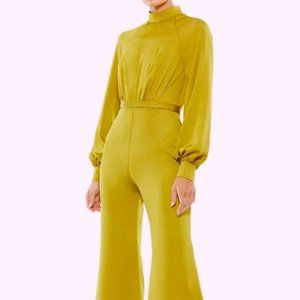 Mac Duggal Chartreuse Long Sleeve Flare Leg Satin Jumpsuit
